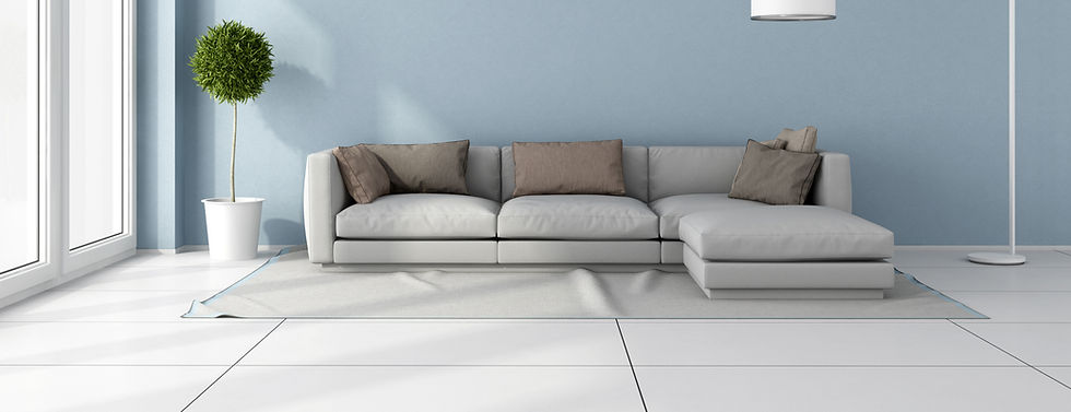 A minimalist living room with a gray sectional sofa, a potted tree, and a floor lamp against a light blue wall.