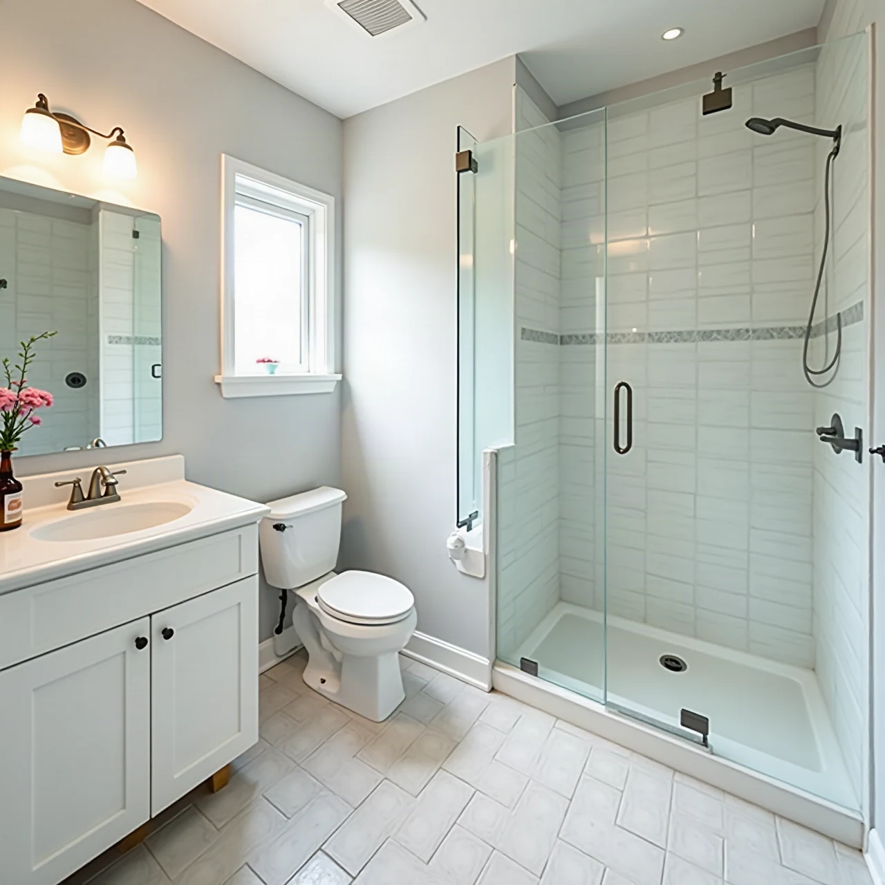 Photograph of a newly remodeled bright bathroom with painted walls, white vanity, clean tile, natural light, no text