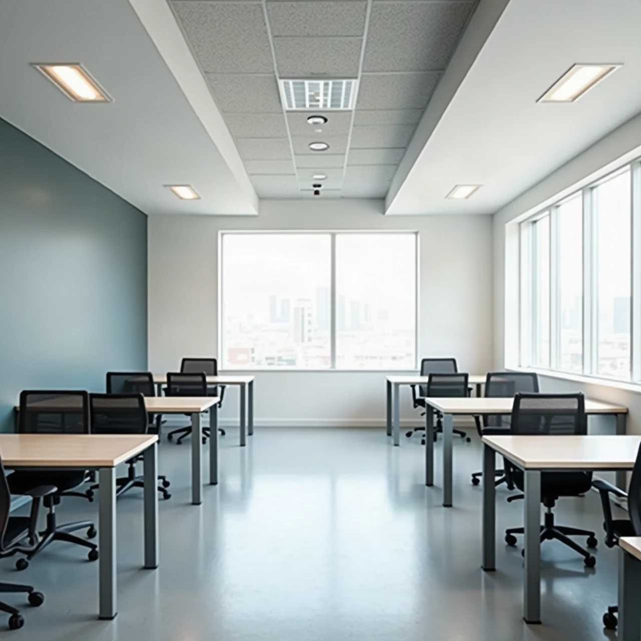 Photograph of a freshly painted modern commercial office interior with clean walls, empty desks, bright daylight, no text, no logos
