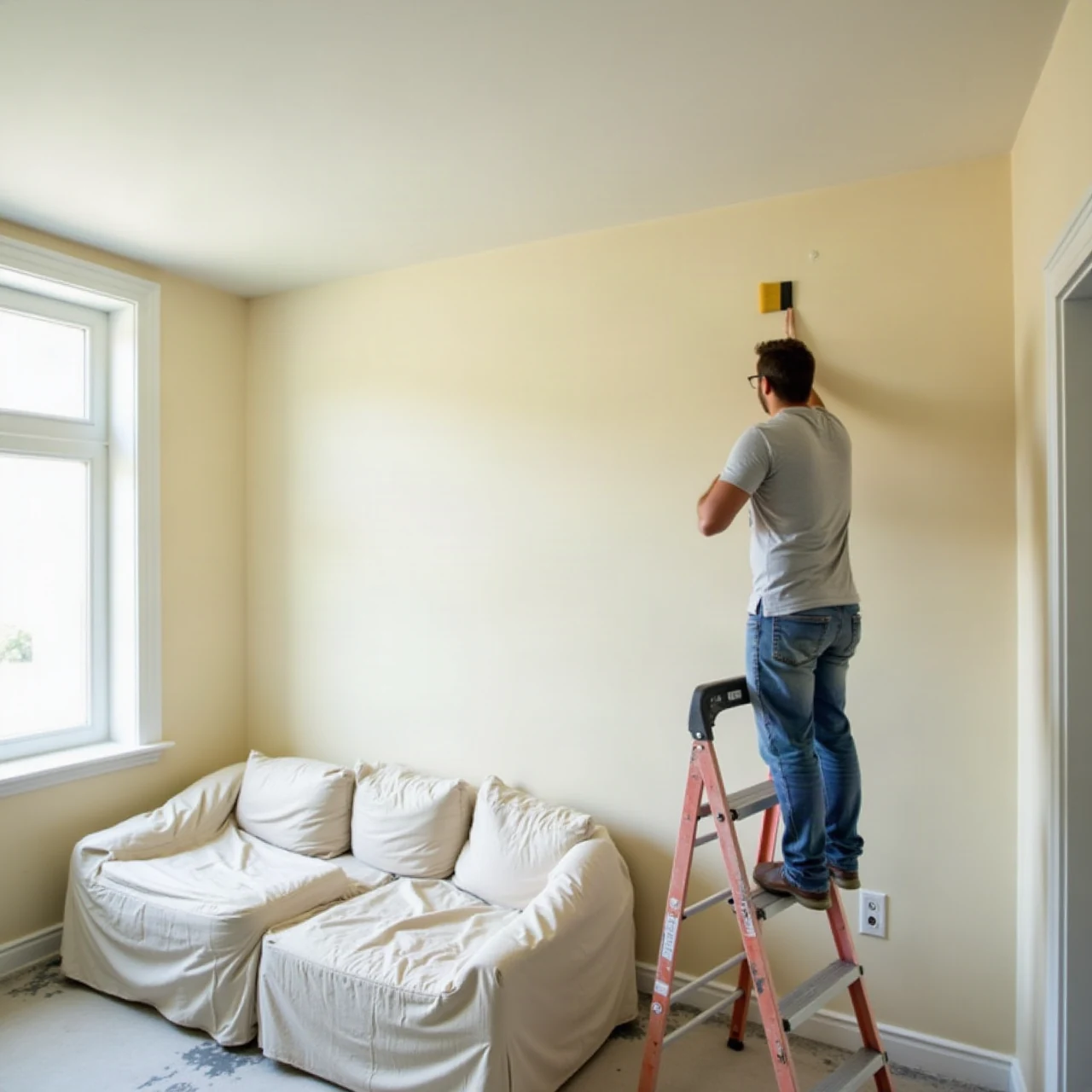 Photograph of a painter on a step ladder cutting in with a brush where a pale wall meets the ceiling, furniture covered with drop cloths, natural light, no logo
