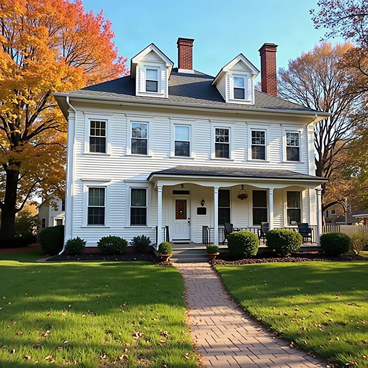 Photograph of a freshly painted two-story colonial house exterior in a New Jersey suburb with crisp white trim, autumn trees, sunny day, no text