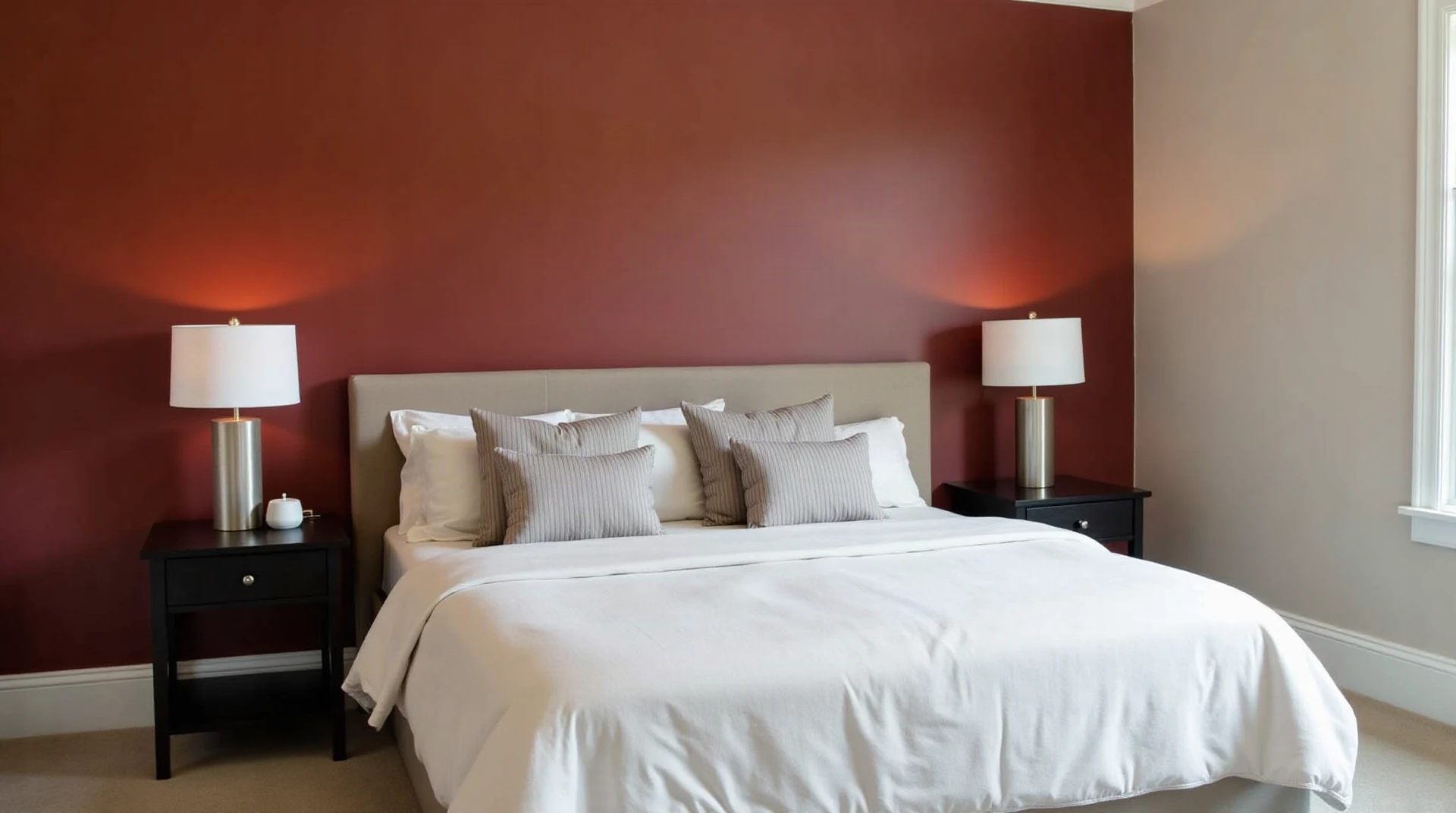 Wide photograph of a finished bedroom with a deep warm-red painted accent wall, made bed with neutral linens, soft daylight, cropped to headboard and pillows, n
