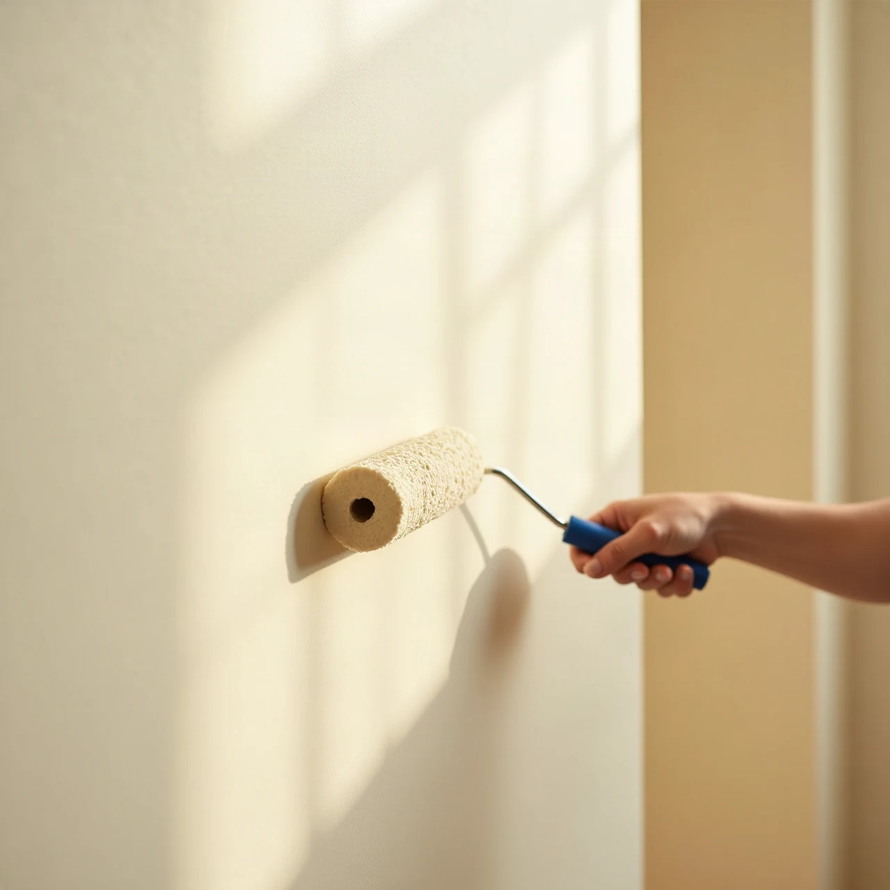 Warm soft close photograph of a painter rolling pale cream paint onto an interior wall of a bright home, roller and painter's shoulder in the right half, natura