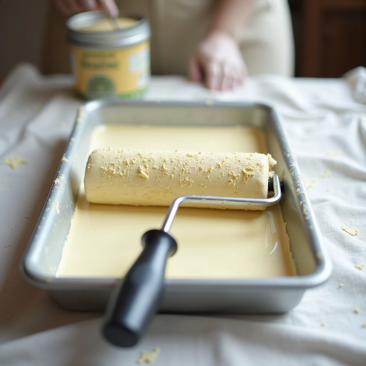 Photograph of a paint roller resting in a metal paint tray with fresh cream paint, on a drop cloth, soft light, no labels, no text