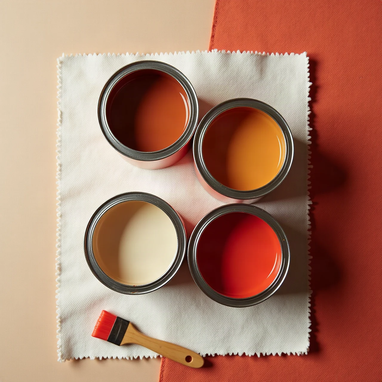 Top-down photograph of open paint sample tins in warm neutral and red tones resting on a canvas drop cloth with a brush, no labels, no text